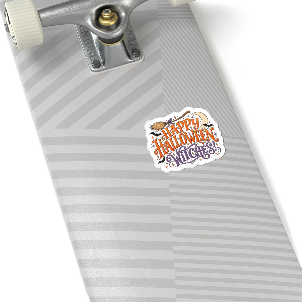 Happy Halloween Witches Sticker — Cute Witch Broom & Moon Kiss-Cut Decal