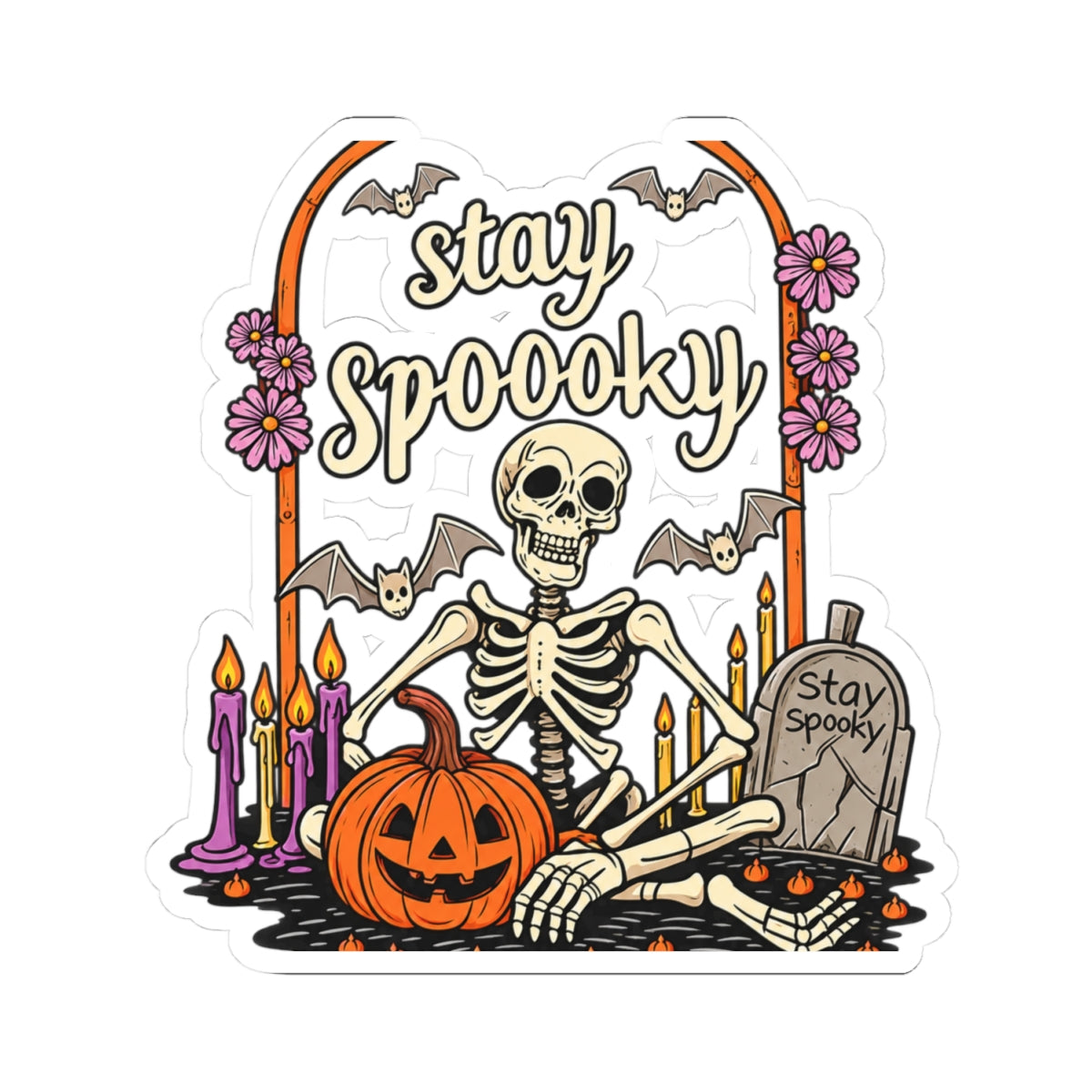 Stay Spoooky Skeleton sticker | Halloween pumpkin, bats, tombstone kiss-cut sticker