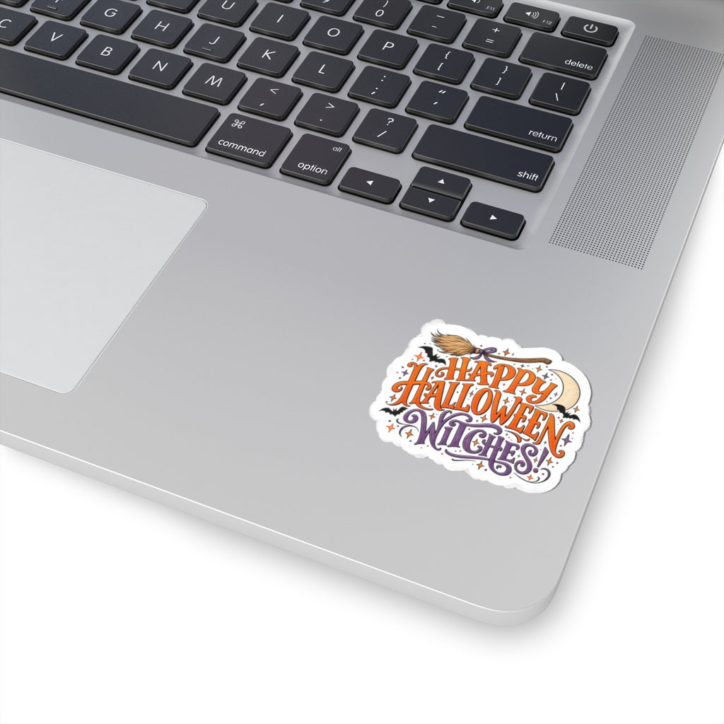 Happy Halloween Witches Sticker — Cute Witch Broom & Moon Kiss-Cut Decal