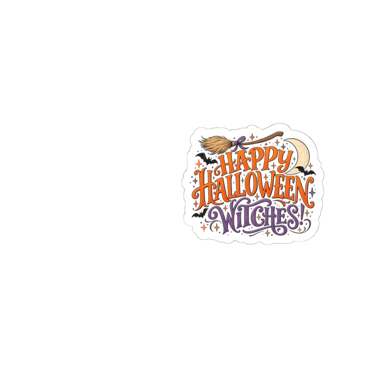Happy Halloween Witches Sticker — Cute Witch Broom & Moon Kiss-Cut Decal