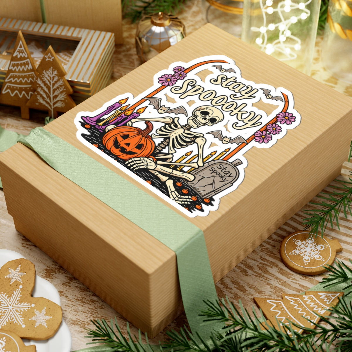 Stay Spoooky Skeleton sticker | Halloween pumpkin, bats, tombstone kiss-cut sticker