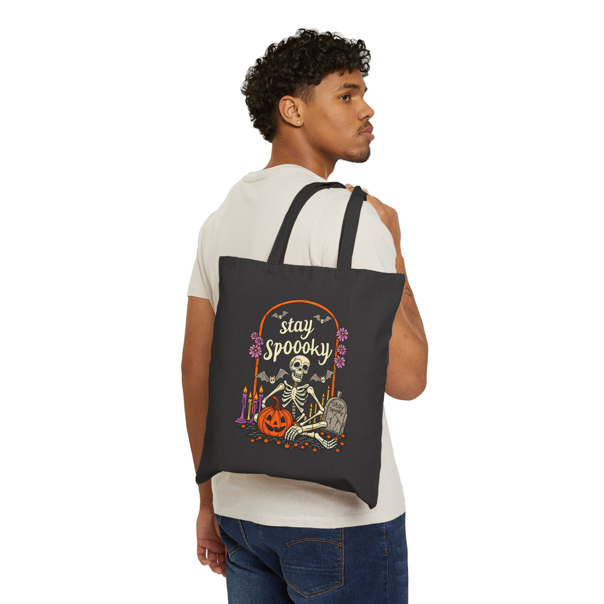 Spooky Skeleton Graveyard Tote Bag | Halloween Pumpkin Candles