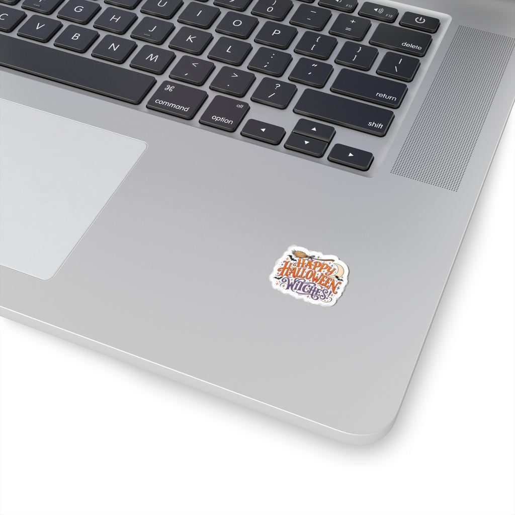 Happy Halloween Witches Sticker — Cute Witch Broom & Moon Kiss-Cut Decal