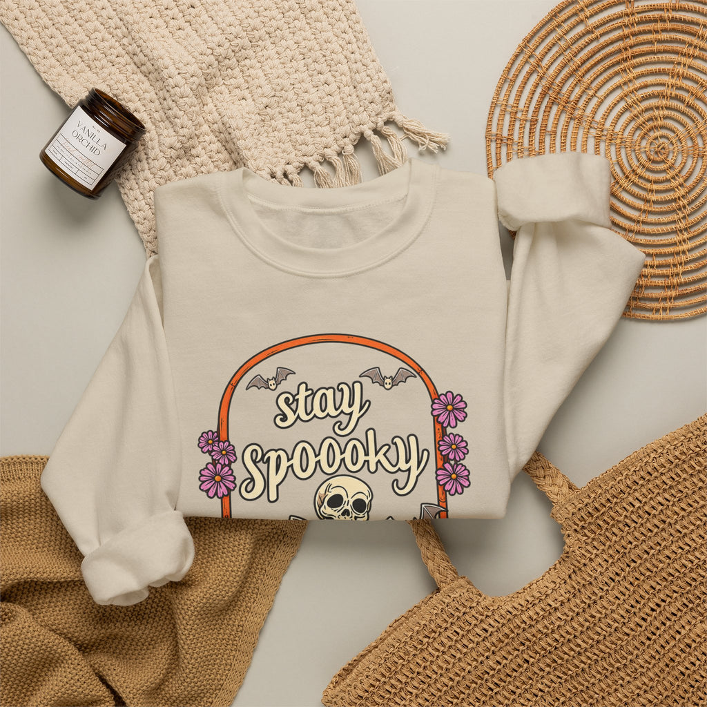 Stay Spooky Skeleton Cemetery Sweatshirt | Halloween Pumpkin Tombstone Design