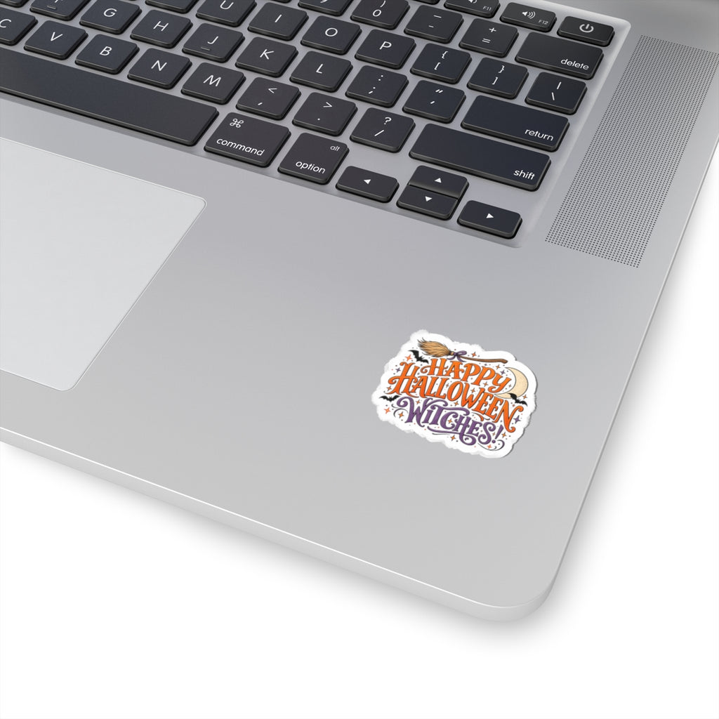 Happy Halloween Witches Sticker — Cute Witch Broom & Moon Kiss-Cut Decal