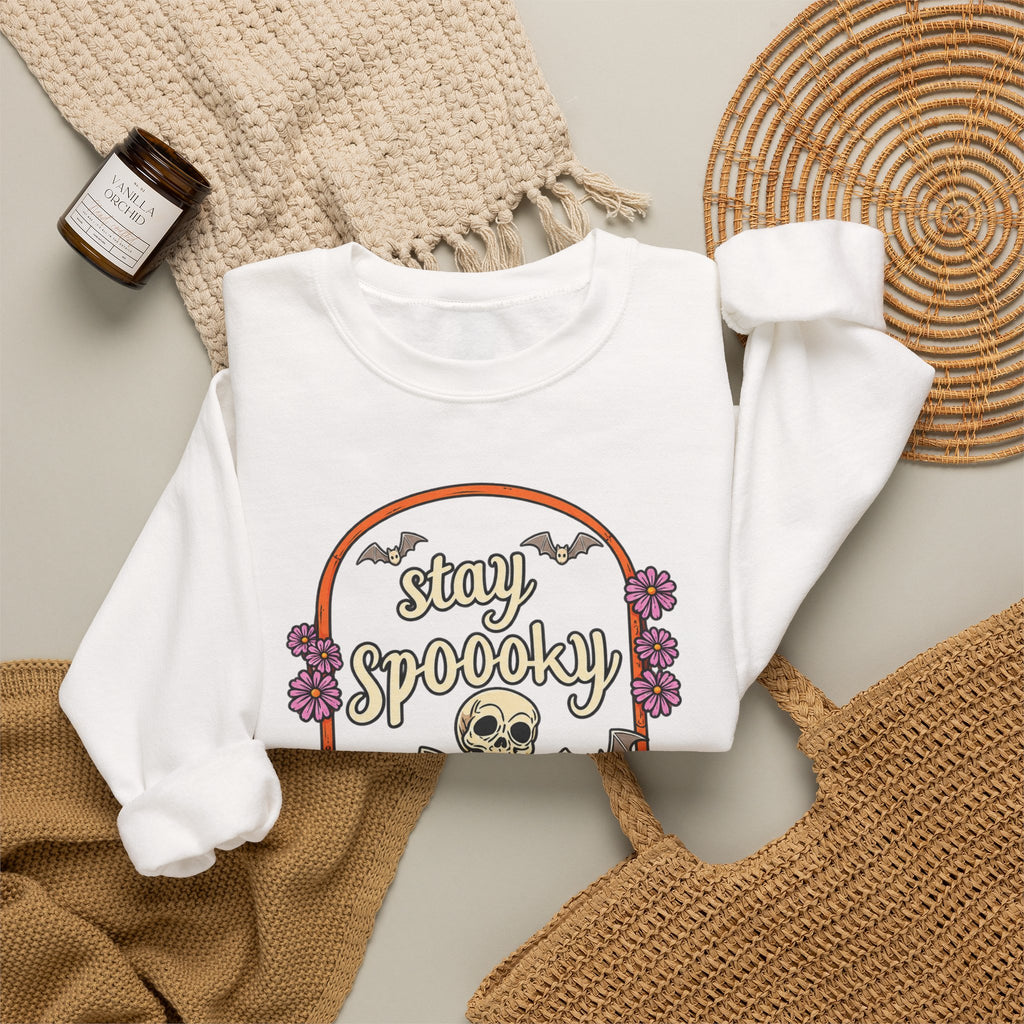 Stay Spooky Skeleton Cemetery Sweatshirt | Halloween Pumpkin Tombstone Design