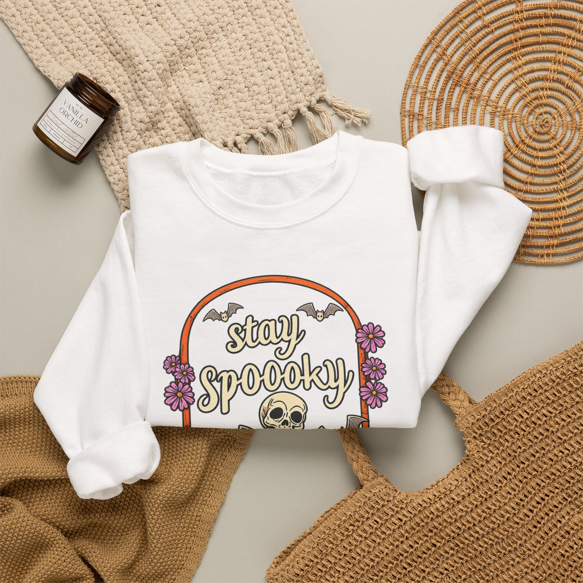 Stay Spooky Skeleton Cemetery Sweatshirt | Halloween Pumpkin Tombstone Design