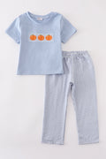 Blue Woven Check Pumpkin Embroidery Boy Set