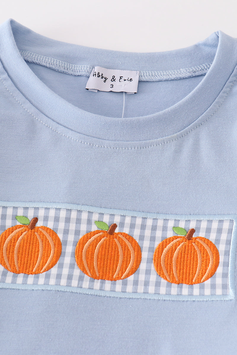 Blue Woven Check Pumpkin Embroidery Boy Set
