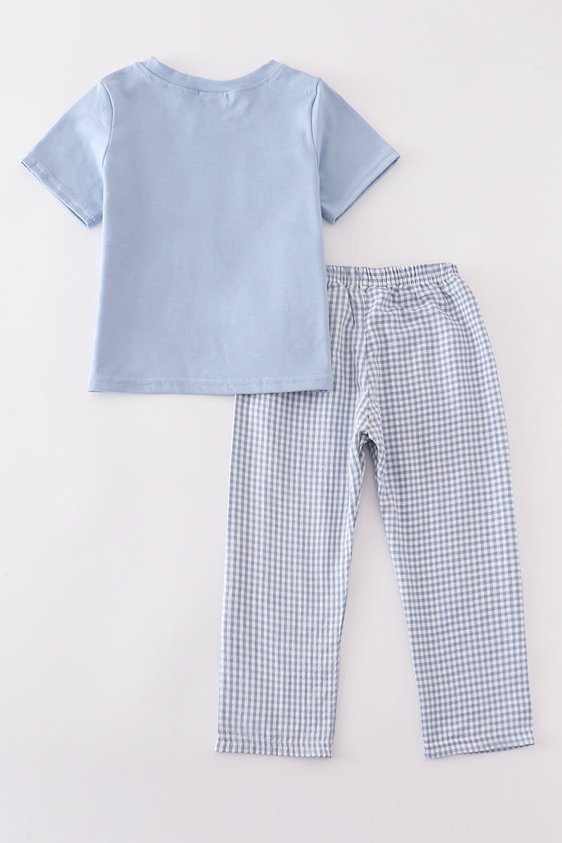 Blue Woven Check Pumpkin Embroidery Boy Set