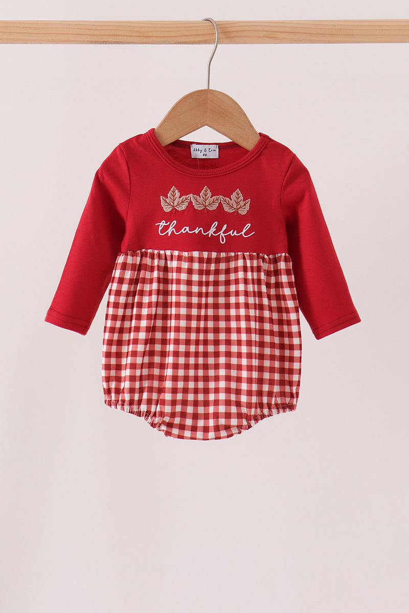 Maroon Thankful Leaves Embroidered Gingham Bubble