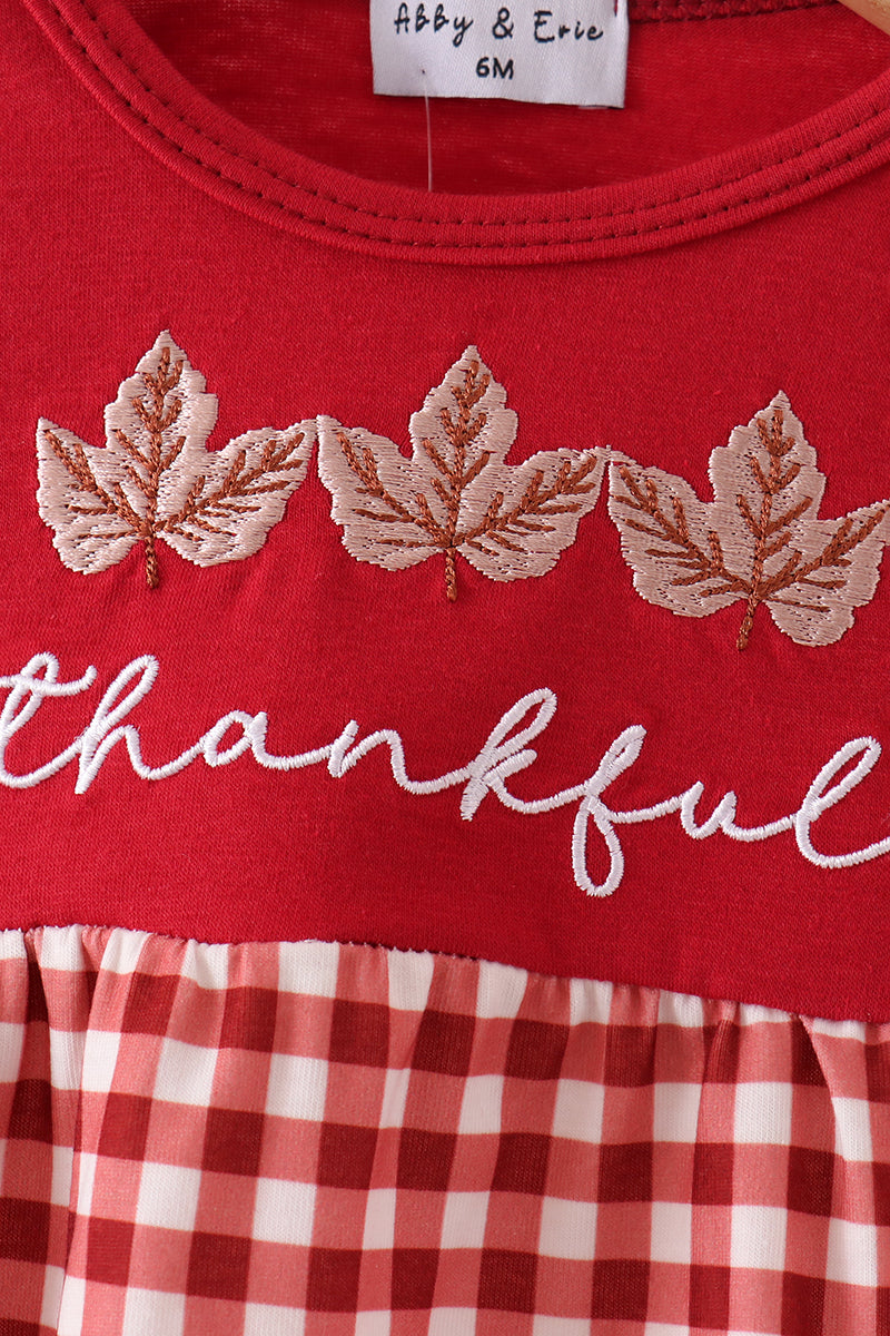 Maroon Thankful Leaves Embroidered Gingham Bubble