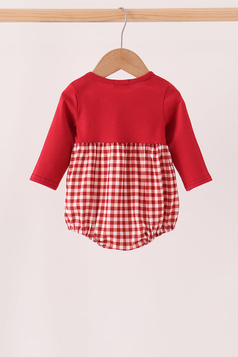 Maroon Thankful Leaves Embroidered Gingham Bubble