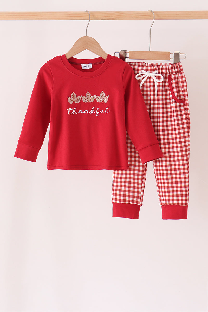 Maroon Thankful Leaves Embroidered Gingham Pants Set