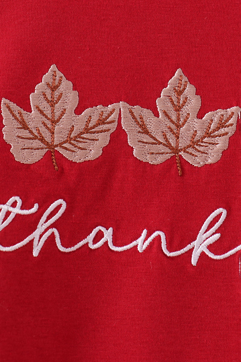 Maroon Thankful Leaves Embroidered Gingham Pants Set
