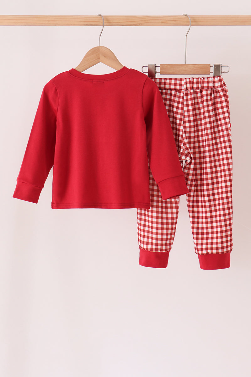 Maroon Thankful Leaves Embroidered Gingham Pants Set