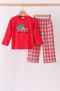 Red Christmas Tree Truck Embroidery Plaid Set
