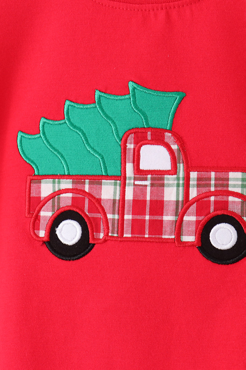 Red Christmas Tree Truck Embroidery Plaid Set