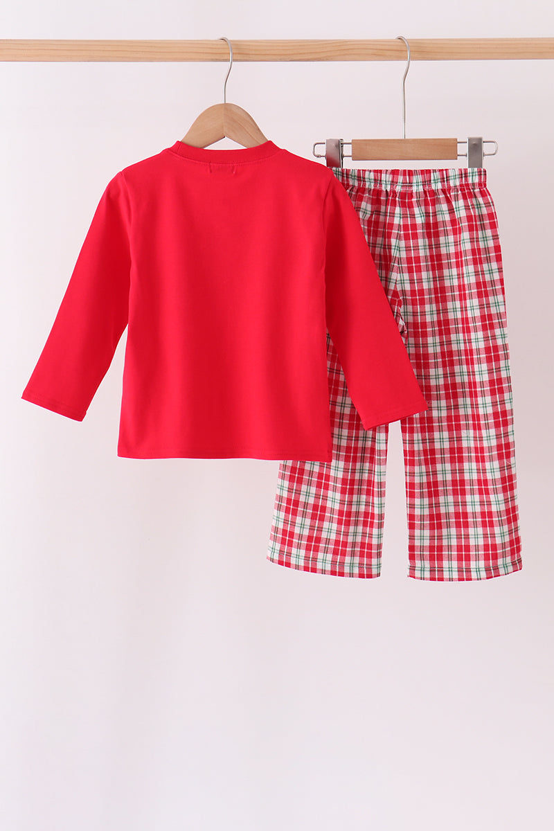 Red Christmas Tree Truck Embroidery Plaid Set