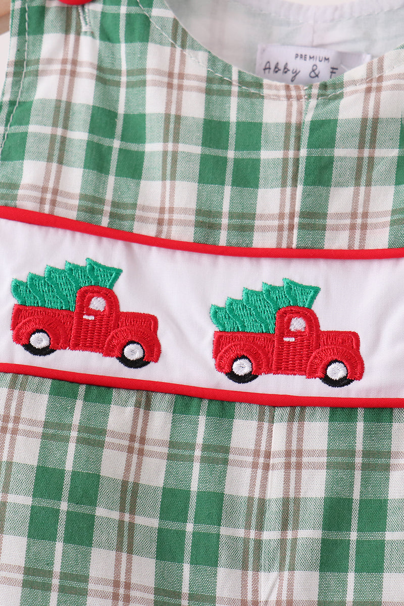 Green Christmas Tree Truck Embroidery Plaid Jonjon